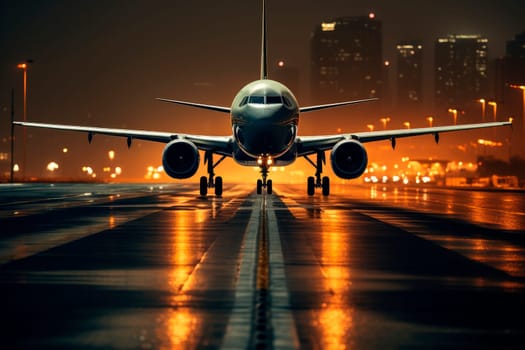 Front view the plane is ready to take off from the runway with a night city background. AI generated