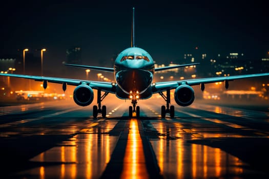 Front view the plane is ready to take off from the runway with a night city lights on background. AI generated