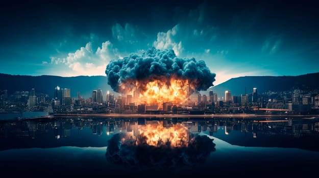 Big bomb explosion on the night city. Nuclear war apocalypse concept.  City destroyed by atomic war. AI generated