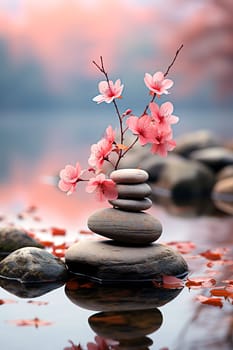 Pebble stones are decorated with a branch of cherry blossoms, against the background of the water surface. Composition for relaxation. AI illustration.