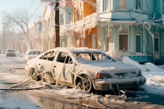 Ice covered frozen car at winter. City destroyed by the ice after extreme cold weather. Climate changing effect.AI generated