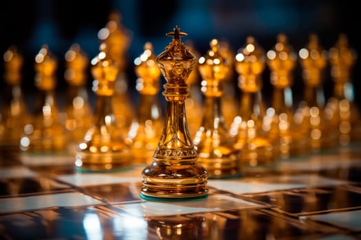 Strategy ideas concept with a golden chess.  Golden chess with a beautiful bokeh background. Concept of a leadership and business vision for a win in business games.Elite Business Team Leader.AI generated