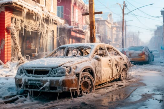 Ice covered frozen car at winter. City destroyed by the ice after extreme cold weather. Climate changing effect.AI generated