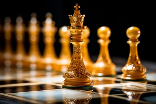 Golden Chess. Golden King chess standing in front of other chess. Concept of a leadership and business vision for a win in business games.Elite Business Team Leader.AI generated