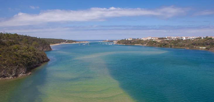 Vila Nova de Milfontes street. Little picturesque town on the Alentejo coast, Portugal. Overview from the bridge