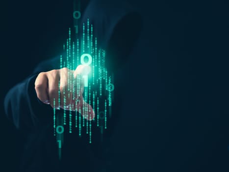 Hacker is pointing his finger at a group of zeros on a dark background. Concept of information security in internet networks and espionage.