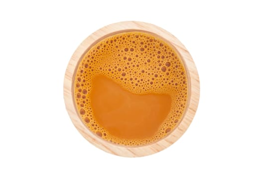 Drink relax concept, Hot milk tea in a wooden cup on isolated on white background, Hot milk tea relax time