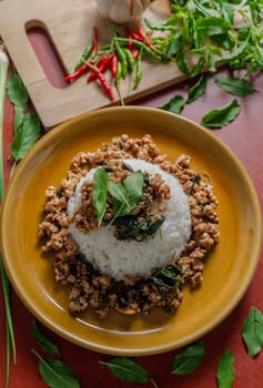 Minced pork with basil over rice is a Thai food that is popular among Thai people because it is delicious and easy to eat