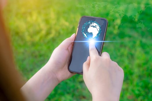 Women with smartphone mobile online social network, Network global world map internet networking people concept