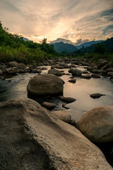 River stone and tree with sun light, View water river tree, Stone river and sun ray in forest