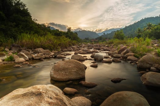 River stone and tree with sun light, View water river tree, Stone river and sun ray in forest