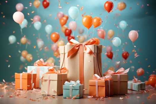 Gift boxes with ribbon, bow, colorful balloons and confetti, shopping suprise for holiday, wrapped package for birthday