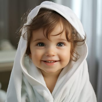 Baby covered with a towel after bath, portrait of a cute toddler, pure and innocent, parenting, care for a child