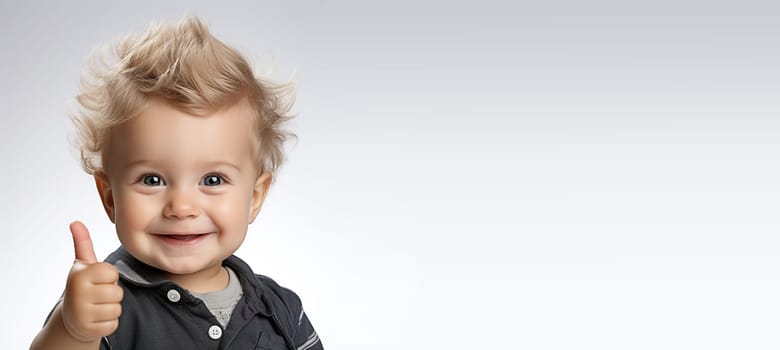 Toddler showing thumb up, caucasian boy with positive hand gesture, optimism and emotion of a child