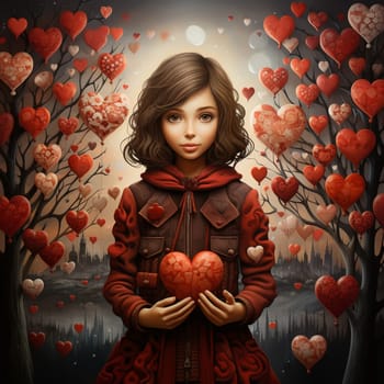 Girl holding red heart in her hands, hearts growing on trees, love and emotion concept, good hearted person, help and charity