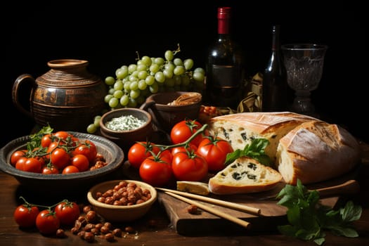 Italian ciabatta bread with tomato and fresh herbs, mediterranean food, baking ingredients on a table, bottles of vine