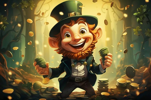 Leprechaun with pot of gold , St. Patrick´s day, green shamrock leaves, irish holiday, mythology of Ireland