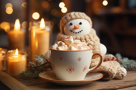 Happy smiling snowman with a hat and scarf drinking a cup of hot chocolate with melted marshmallow, winter and christmas season