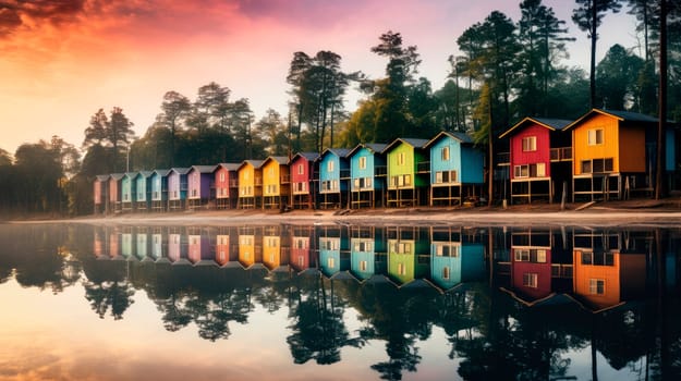 Forest lush and row of colorful wooden houses at the beach. Summer houses at the beach. Huts for travelers on vacation at the sand sea coast.AI generated