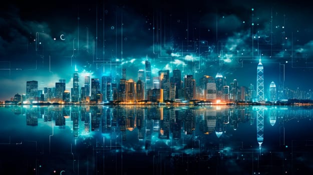 Smart city and big data connection technology concept. Technology, smart city and logistics. Double exposure.AI generated