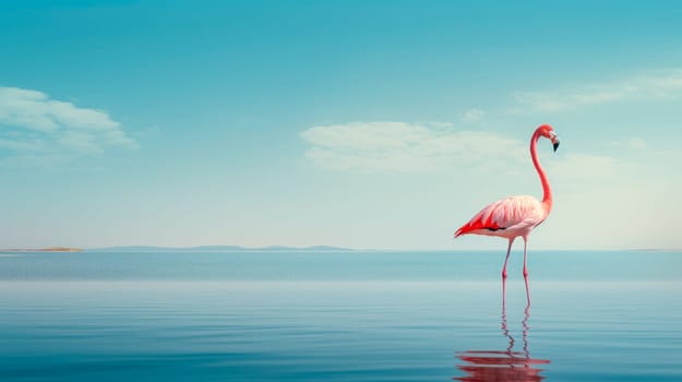 A pink flamingo standing alone in a blue lake water. Pink Flamingo bird in the sea. AI generated