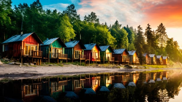 Forest lush and row of colorful wooden houses at the beach. Summer houses at the beach. Huts for travelers on vacation at the sand sea coast.AI generated