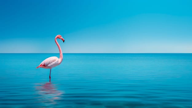 A pink flamingo standing alone in a blue water. Pink Flamingo bird in the sea. AI generated