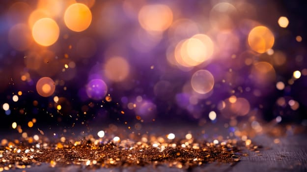 Purple festive Christmas elegant abstract background with bokeh lights and stars.Purple and gold glitter lights background. AI generated