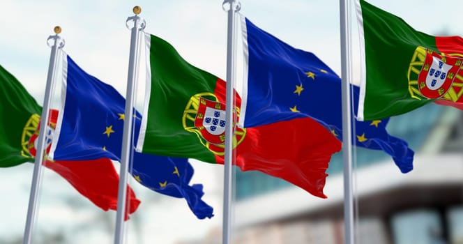 Flags of Portugal waving with European Union flags on a clear day. Democracy and politics. Rippled textile, 3d illustration render. Selective focus