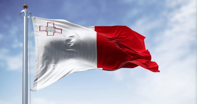 Malta national flag waving in the wind on a clear day. White and red with George Cross in white stripe canton. 3d illustration render. Fluttering fabric.