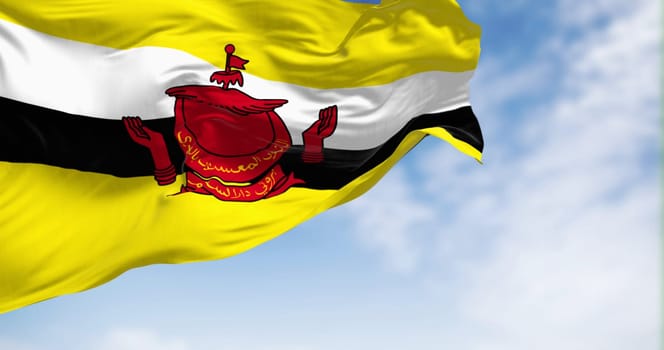 National flag of Brunei waving in the wind on a clear day. Brunei Darussalam is a country in the Southeast Asia. 3d illustration render. Fluttering fabric