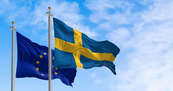 The flags of Sweden and the European Union waving together on a clear day. Sweden became a member of the European Union on January 1, 1995. 3d illustration render. Selective focus. Rippled fabric