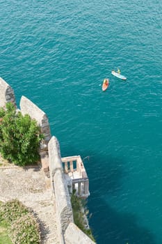 View from the tower of the Scaliger Castle, Castello Scaligero in Malcesine in Italy to Lake Garda below