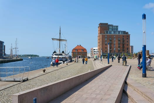 Old port of the Hanseatic city of Wismar, popular with tourists, with stores and restaurants