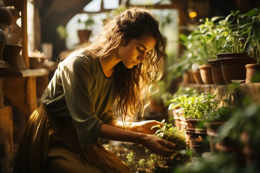 Young woman takes care of plants in a greenhouse, work on a farm, agricultural plantation, gardening