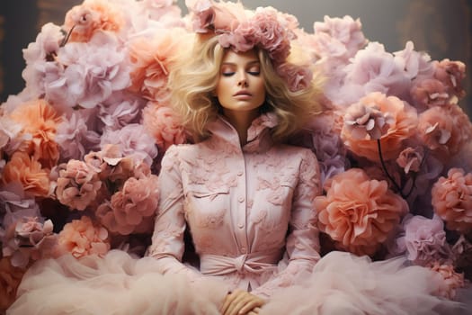 Woman sitting on a cloud of flowers, positive thinking, creative mind, self esteem and mental health concept, dreamlike and pure