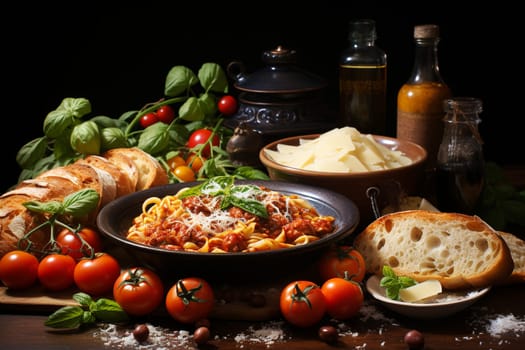 Italian spaghetti with tomato sauce, parmesan cheese and fresh basil herbs, mediterranean pasta with ingredients on a table, ciabatta bread