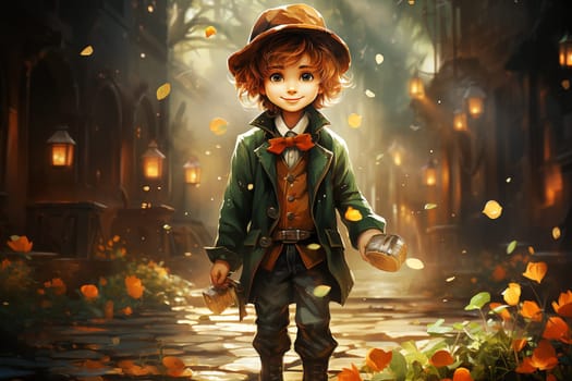 Leprechaun with pot of gold , St. Patrick´s day, green shamrock leaves, irish holiday, mythology of Ireland