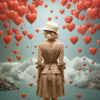 Woman with heart shaped balloons flying to the sky, love and emotion, valentine´s day, good hearted person, help and charity