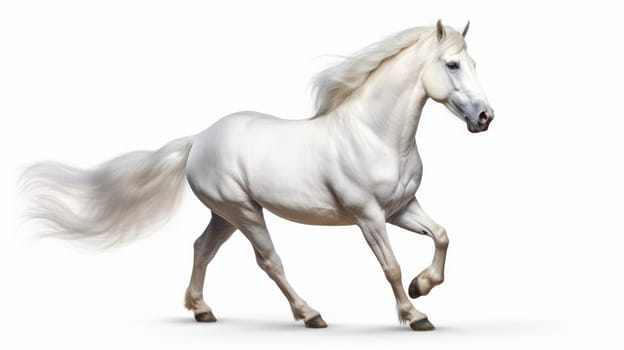 Galloping Lipizzaner with waving tail isolated over white background. Artificial Art