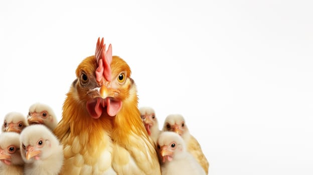 Chicken with chicks isolated on white background and copy space- artificial art