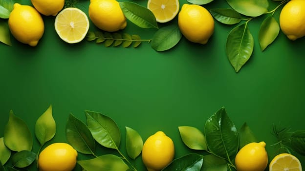 Fresh lemons with green leaves on green background. artificial art