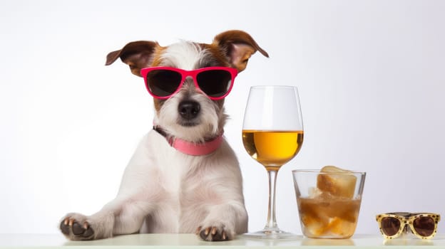 Funny Jack russell terrier Dog with eyeglass and delicious Cocktail on bright background.