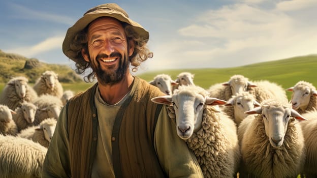 Traditional old fashioned male shepard on a beautiful summer day with sheeps in background - generated artificial art