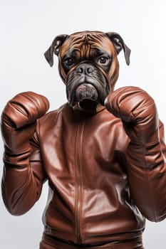Funny Boxer Dog wearing boxing gloves and brown leather Jacket isolated on white background. Artificial Art