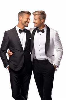 Happy Gay Couple on there Marriage Day isolated on white background. artificial art