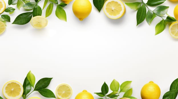Backdrop with fresh lemons and green leaves and copyspace isolated on white background. Artificial Art