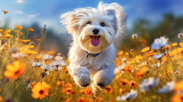 Beautiful young Happy Westhighland Terrier runs through colorful blooming meadow with Flowers. Artificial Art