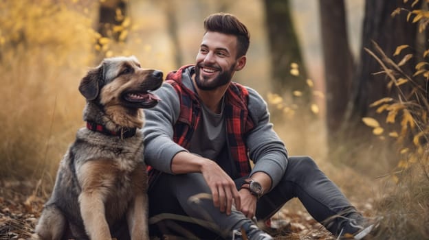 Happy laughing Man with his beautiful Dog having Fun. Artificial Art.