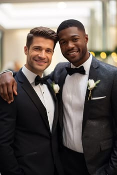 Happy Gay Couple on there Marriage Day isolated on bright background. artificial art